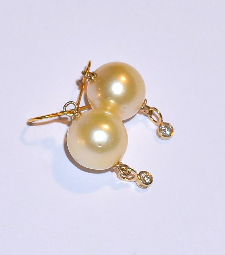 Brilliant Cut Light Golden South Sea Cultured Pearl, 14K Solid Yellow Gold Diamond Earrings
