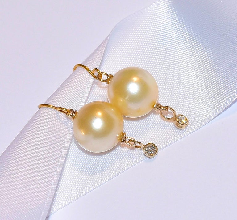 Women's Light Golden South Sea Cultured Pearl, 14K Solid Yellow Gold Diamond Earrings