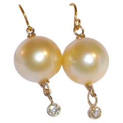 Light Golden South Sea Cultured Pearl, 14K Solid Yellow Gold Diamond Earrings