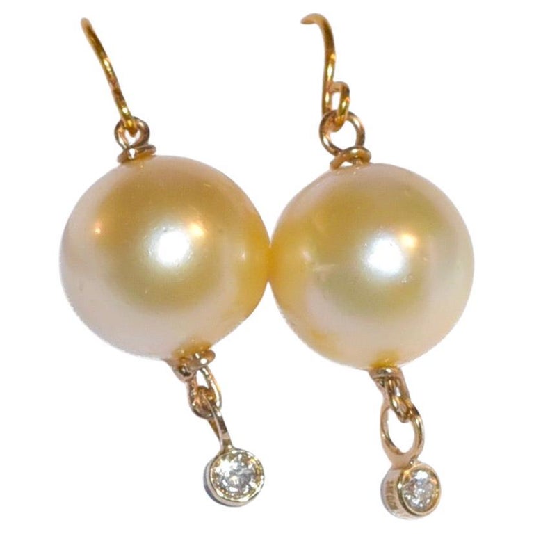 Light Golden South Sea Cultured Pearl, 14K Solid Yellow Gold Diamond Earrings
