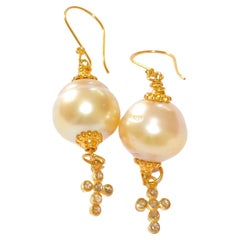 Light Golden South Sea Pearl, Champagne Diamond Cross in 18K Solid Yellow Gold