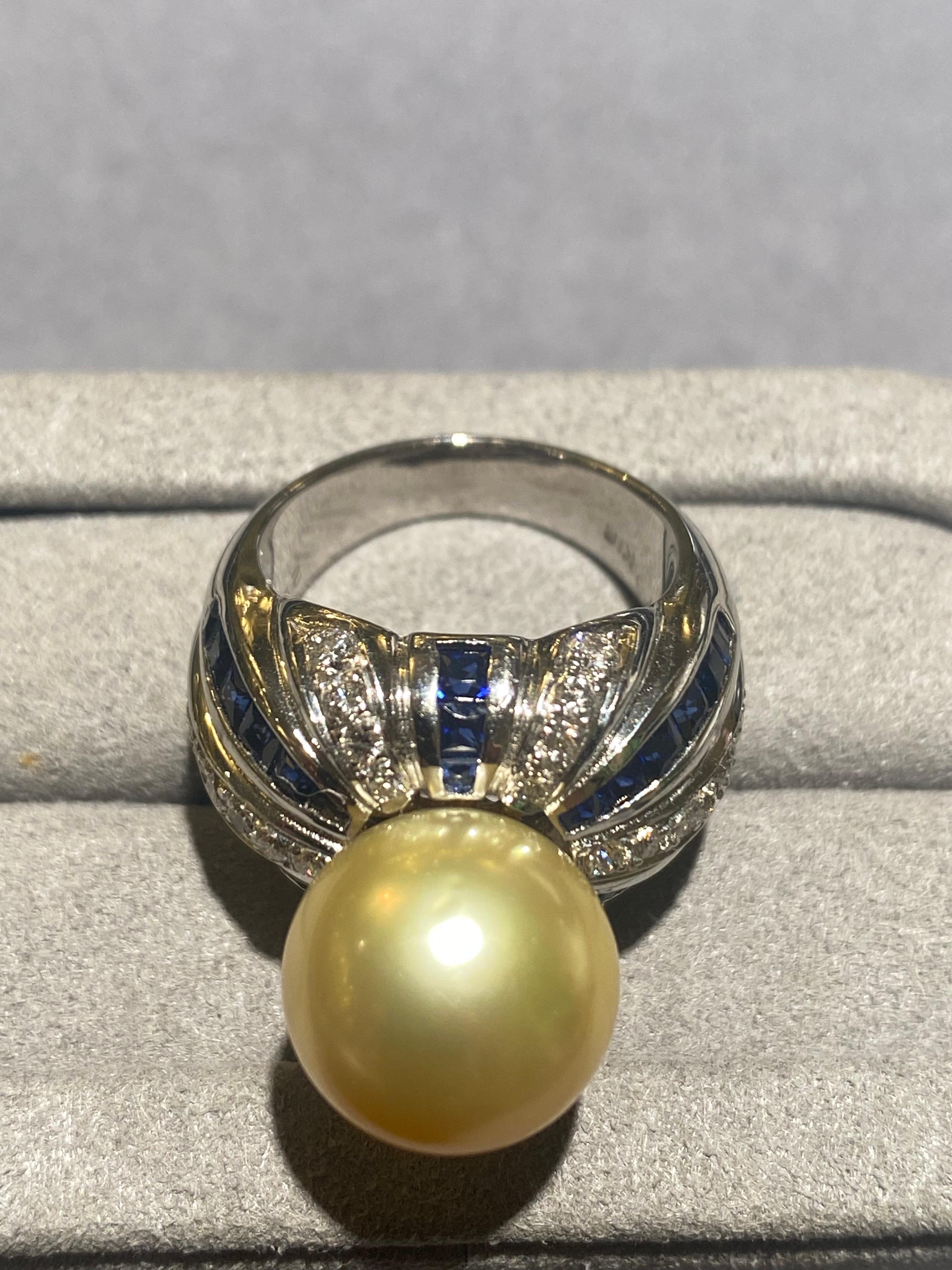 Contemporary Light Golden South Sea Pearl Diamond and Sapphire Ring in 18k White Gold For Sale