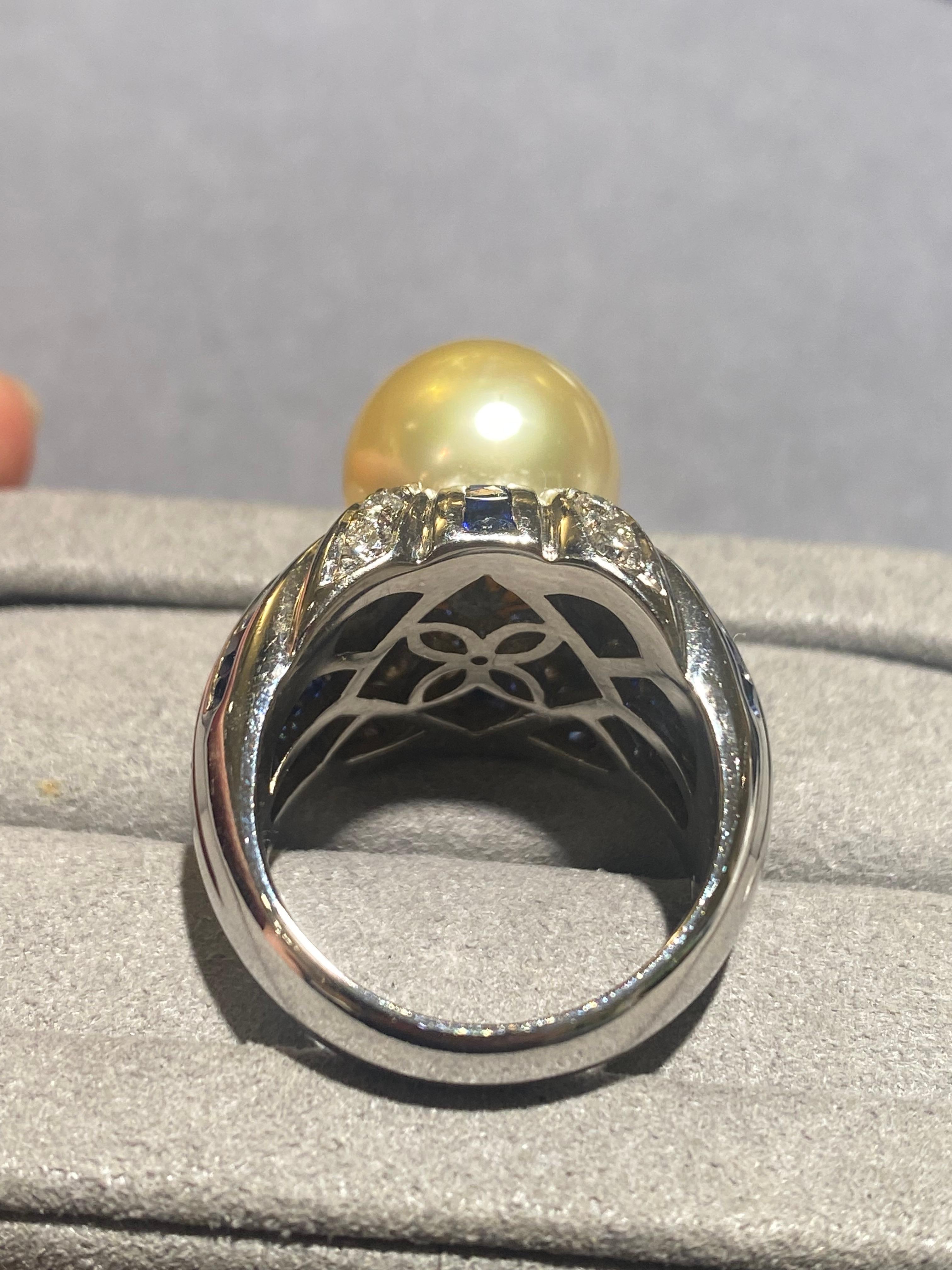 Bead Light Golden South Sea Pearl Diamond and Sapphire Ring in 18k White Gold For Sale