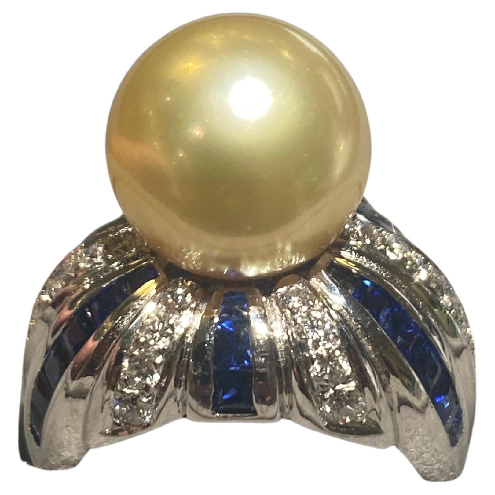 Light Golden South Sea Pearl Diamond and Sapphire Ring in 18k White Gold For Sale