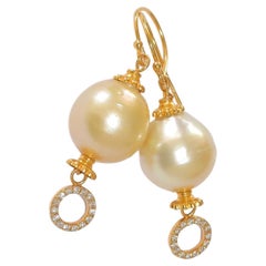 Light Golden South Sea Pearl Earrings, Diamonds in 18K/14K Solid Yellow Gold