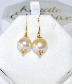 Light Golden South Sea Pearl Earrings in 18K Solid Yellow Gold