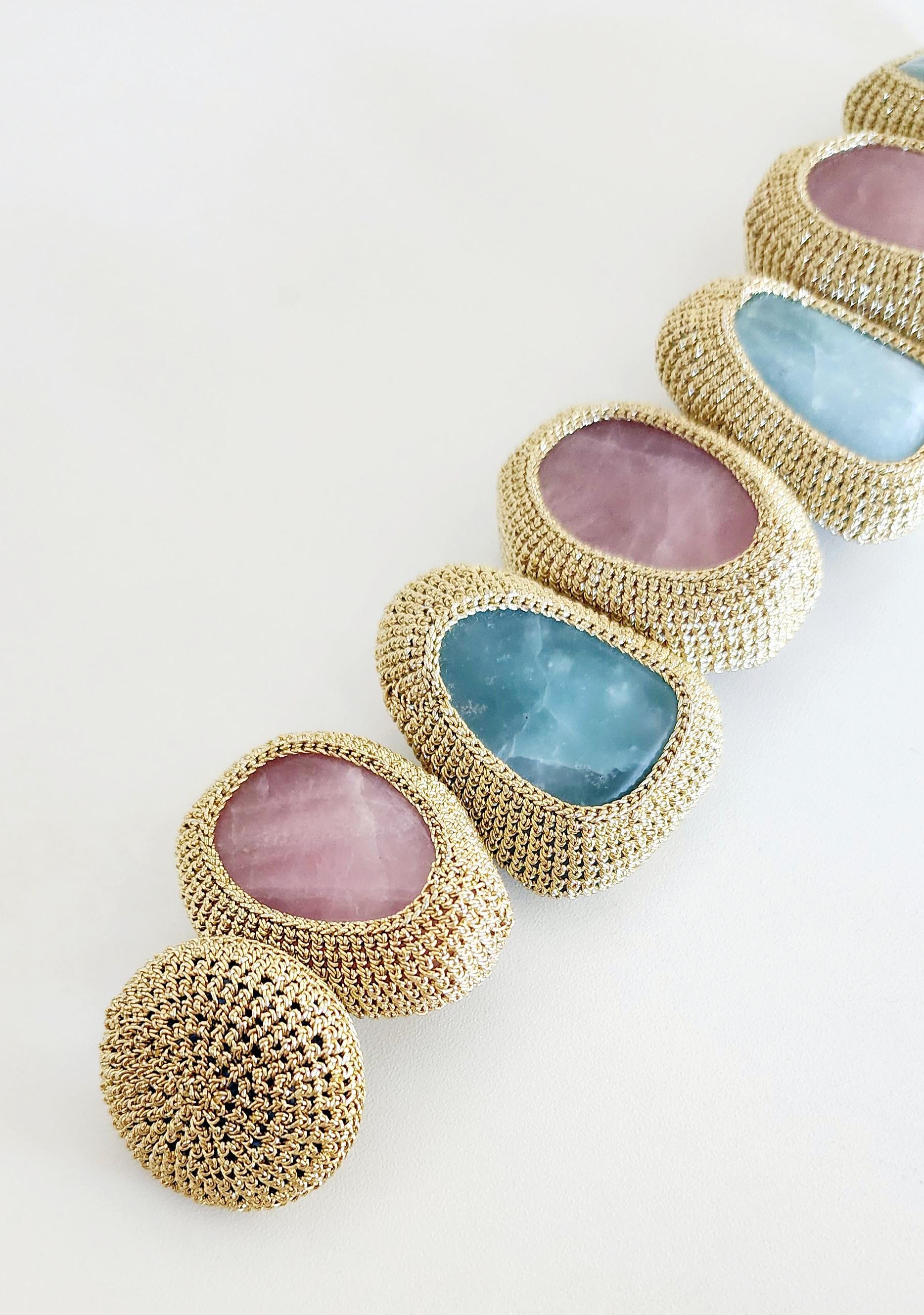 Artisan Light Golden Thread Crochet Bracelet Amazonite Rose Quartz  For Sale