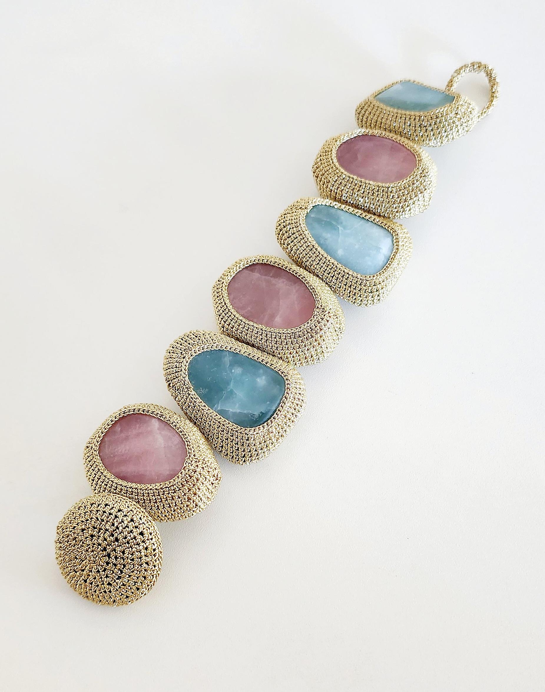 Mixed Cut Light Golden Thread Crochet Bracelet Amazonite Rose Quartz  For Sale