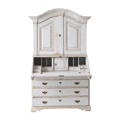 Light Gray 18th Century Period Swedish Two Part Secretary with Carved Pediment