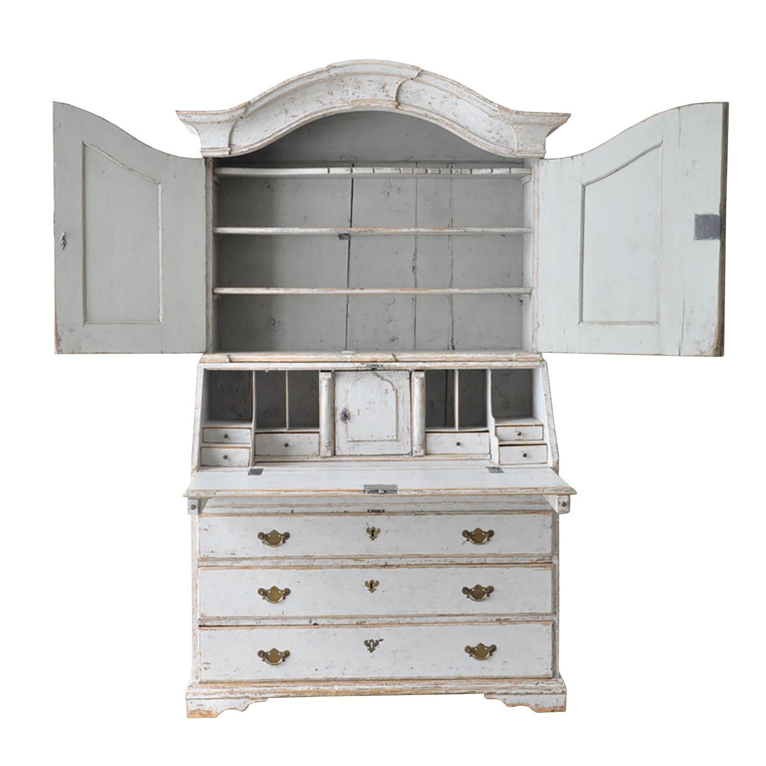 18th Century and Earlier Light Gray 18th Century Period Swedish Two Part Secretary with Carved Pediment For Sale