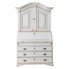Light Gray 18th Century Period Swedish Two Part Secretary with Carved Pediment