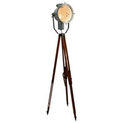 Light Gray Blue Enamel Tripod Vintage Industrial Wooden Legs Spot Light