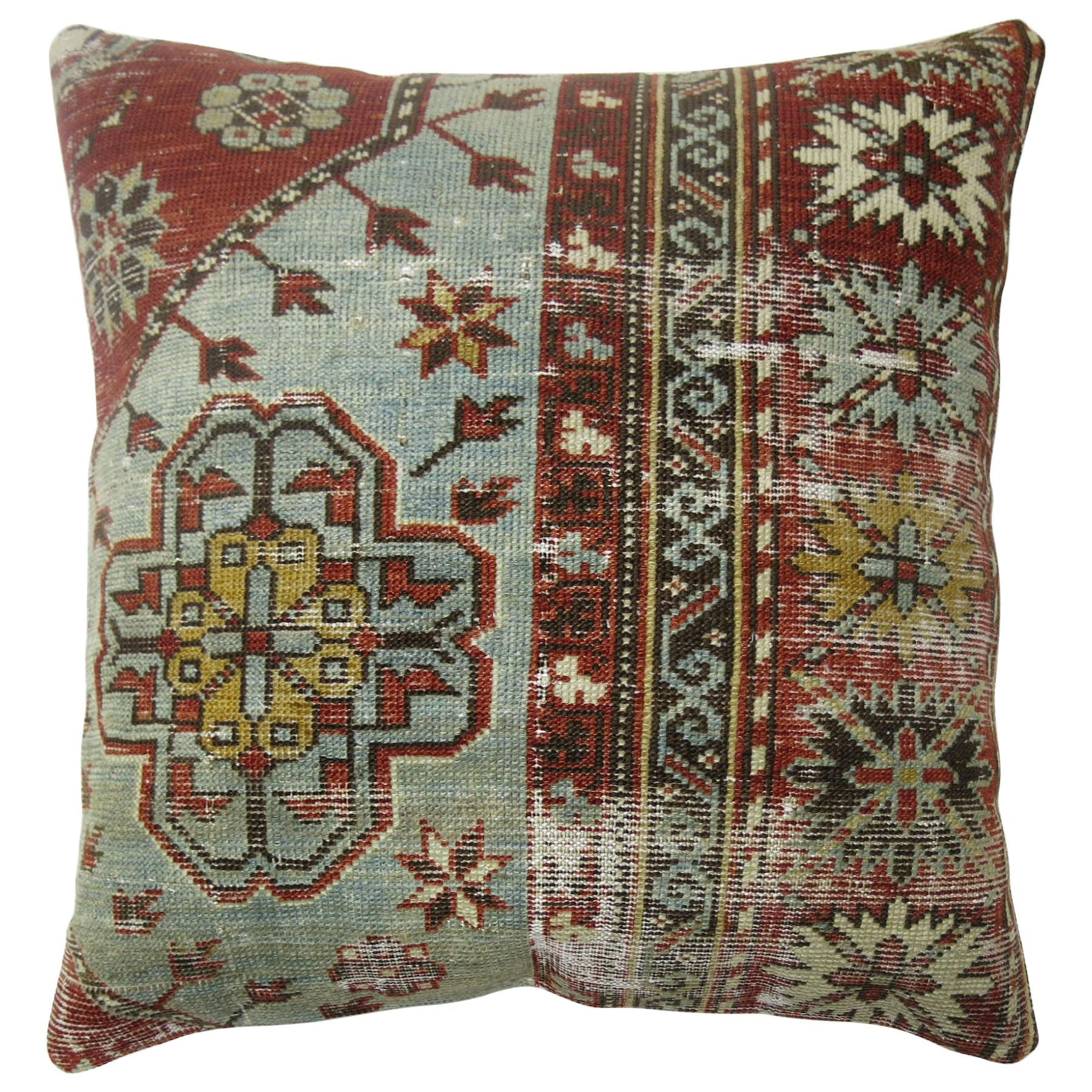 Zabihi Collection Light Gray Blue Red Worn Caucasian Rug Square Rug Pillow
