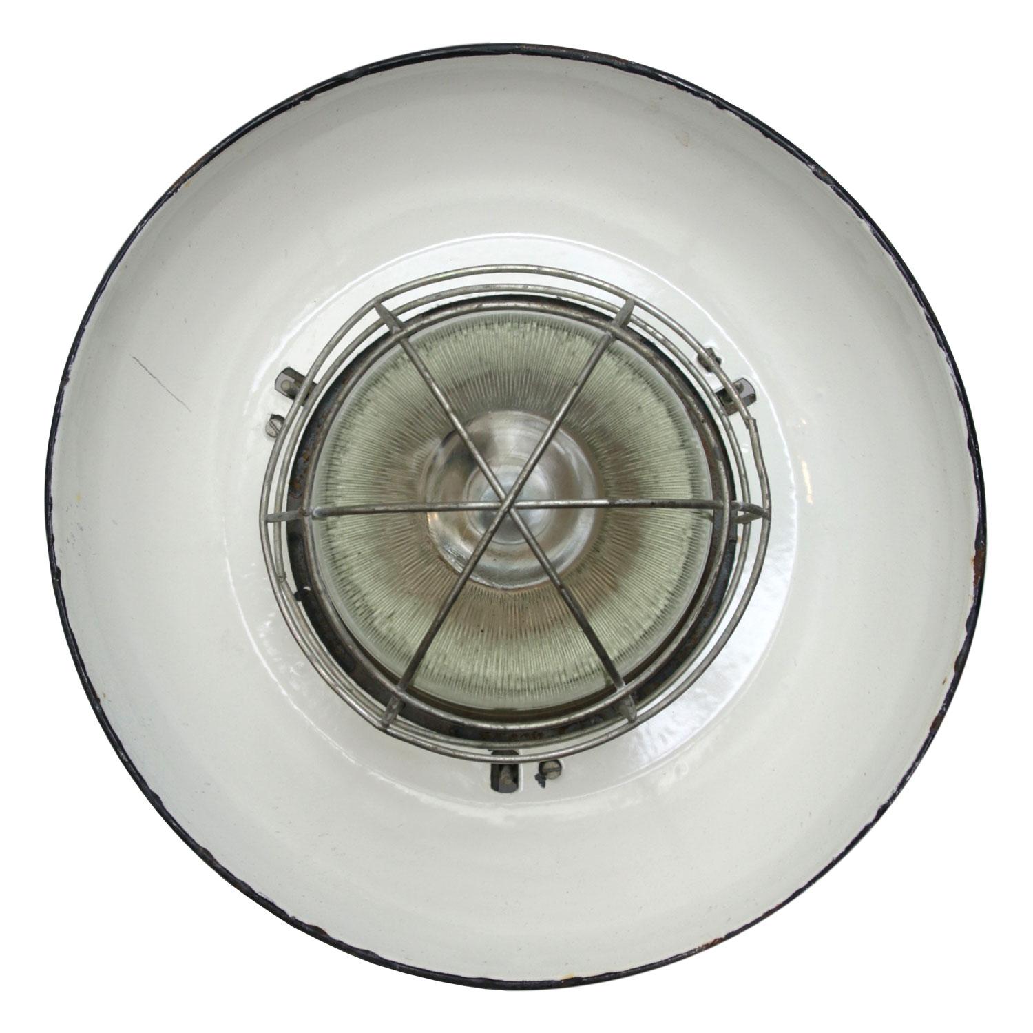 Polish Light Grey Enamel Vintage Industrial Cast Iron Holophane Glass Pendant Lamps For Sale