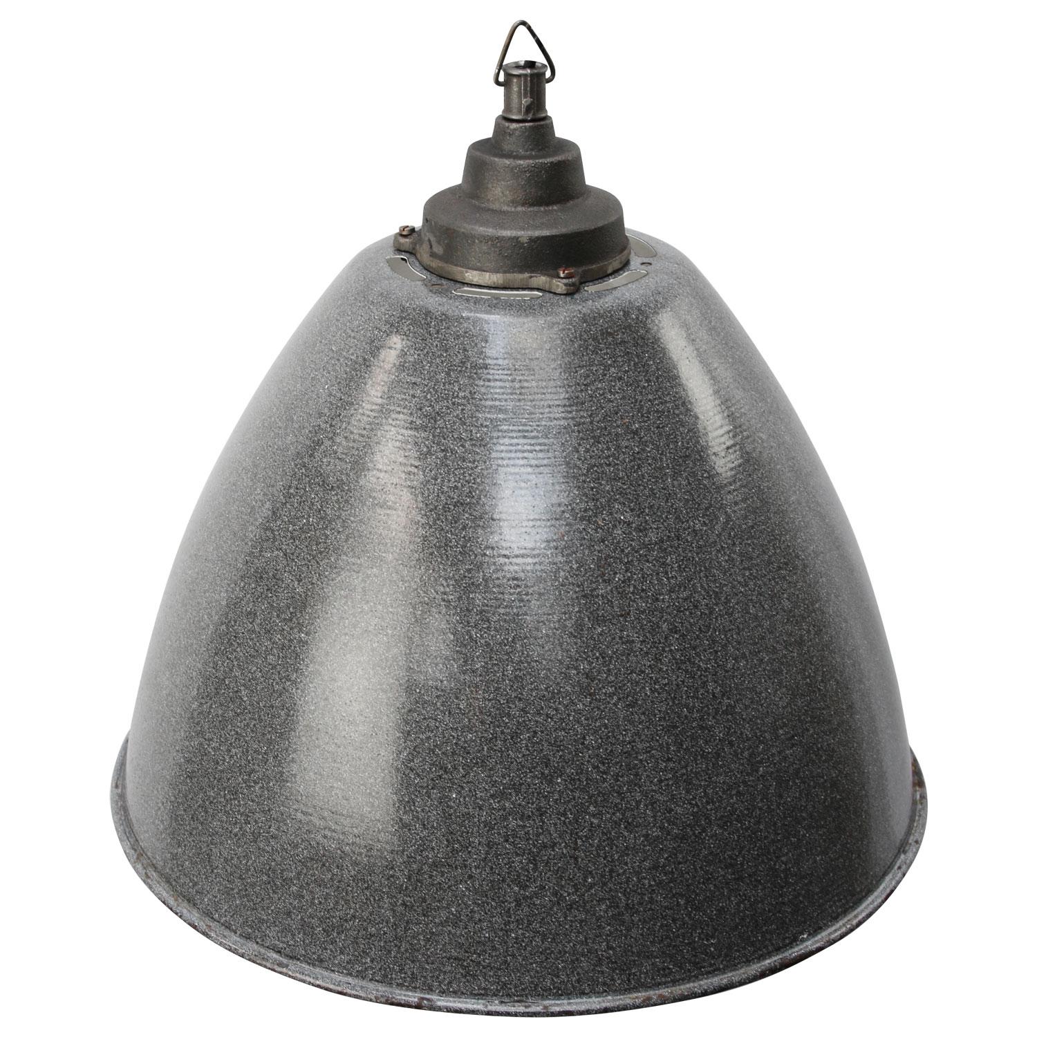 Classic European factory lamp / big size Industrial lamp. Light gray enamel with white interior. 

Weight 5.0 kg / 11 lb. 

Priced per individual item. All lamps have been made suitable by international standards for incandescent light bulbs,