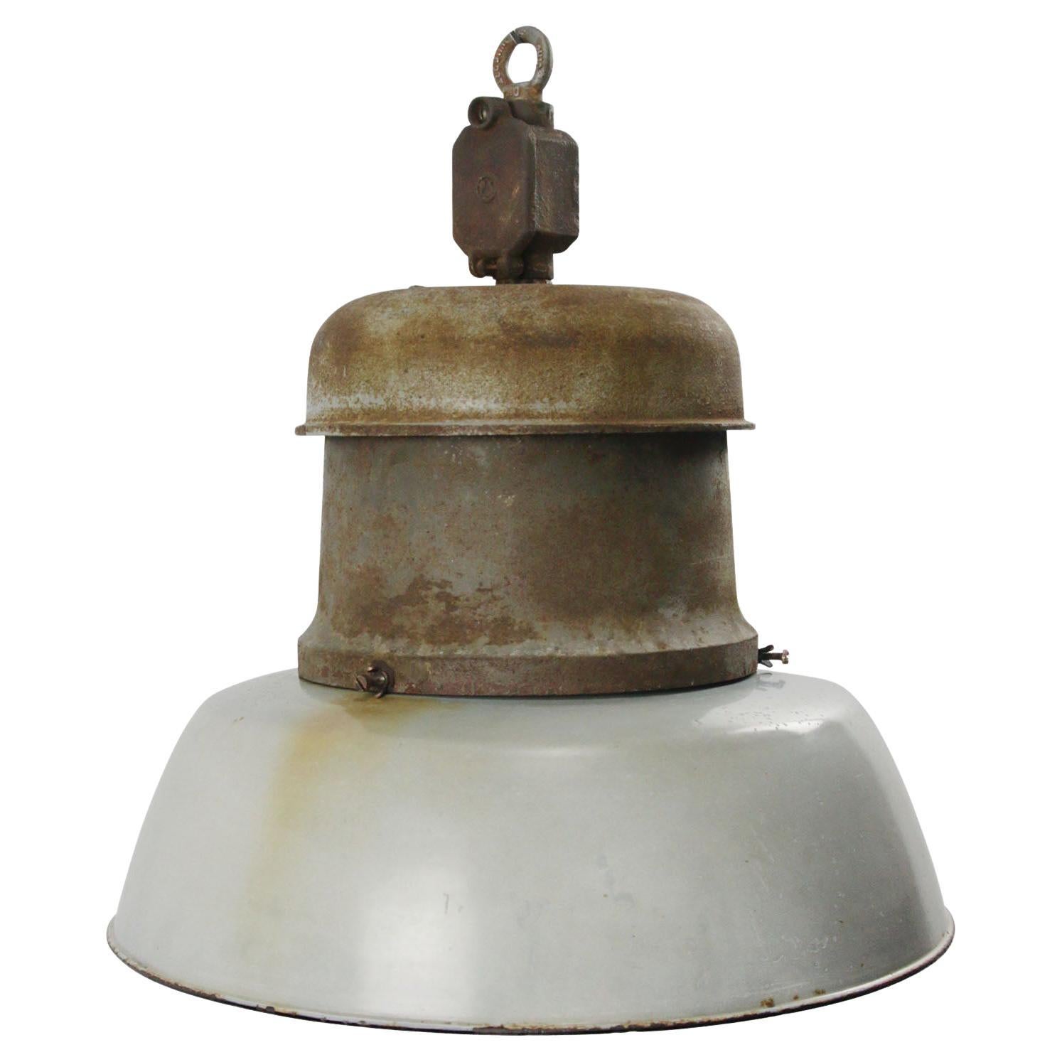 Vintage Industrial Gray Enamel Cast Iron Old Train Station Pendant Lights