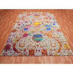 Light Gray Erased Persian Design Sari Silk with Wool Hand Knotted Rug 9' x 12'
