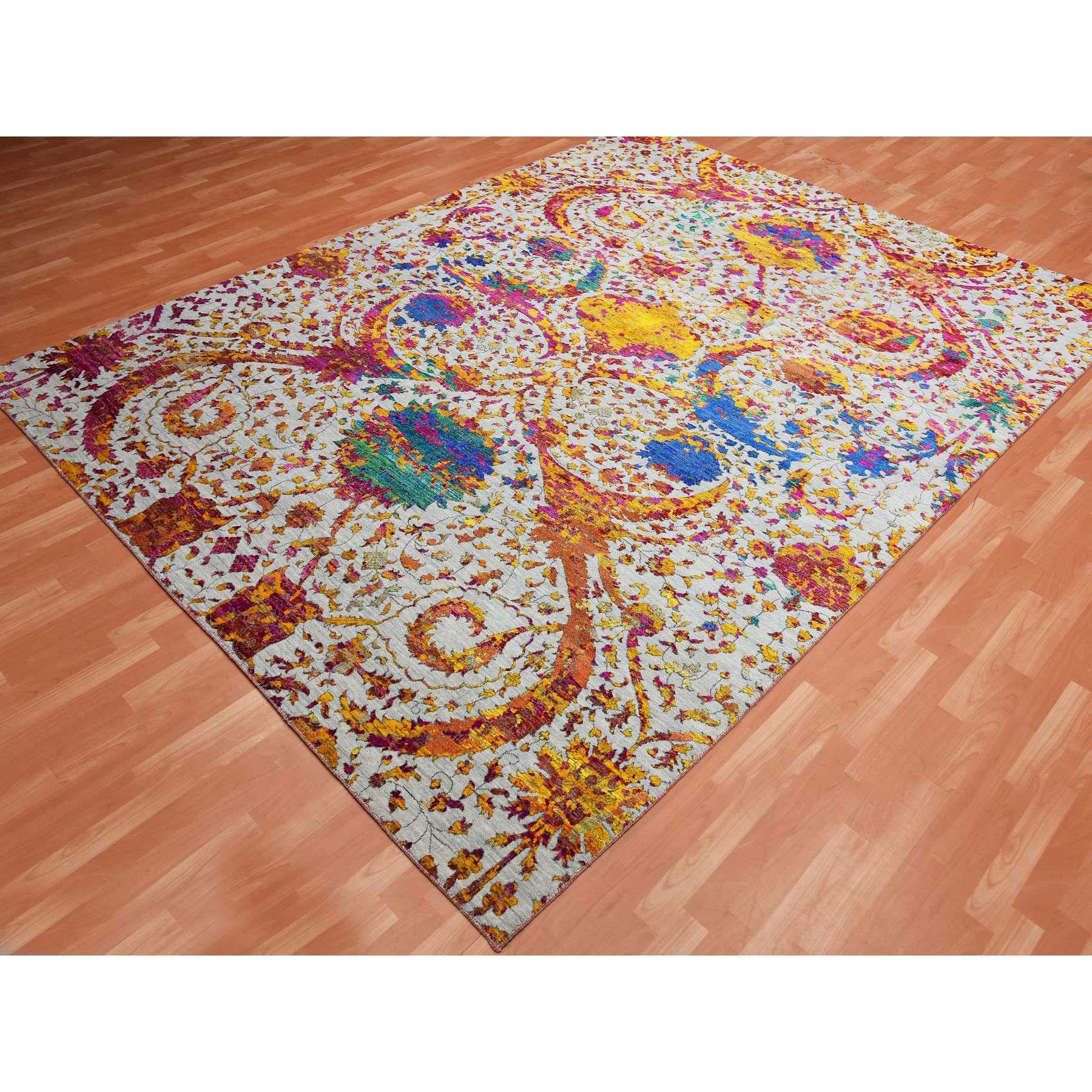 Tribal Light Gray Erased Persian Design Sari Silk with Wool Hand Knotted Rug 9' x 12' For Sale