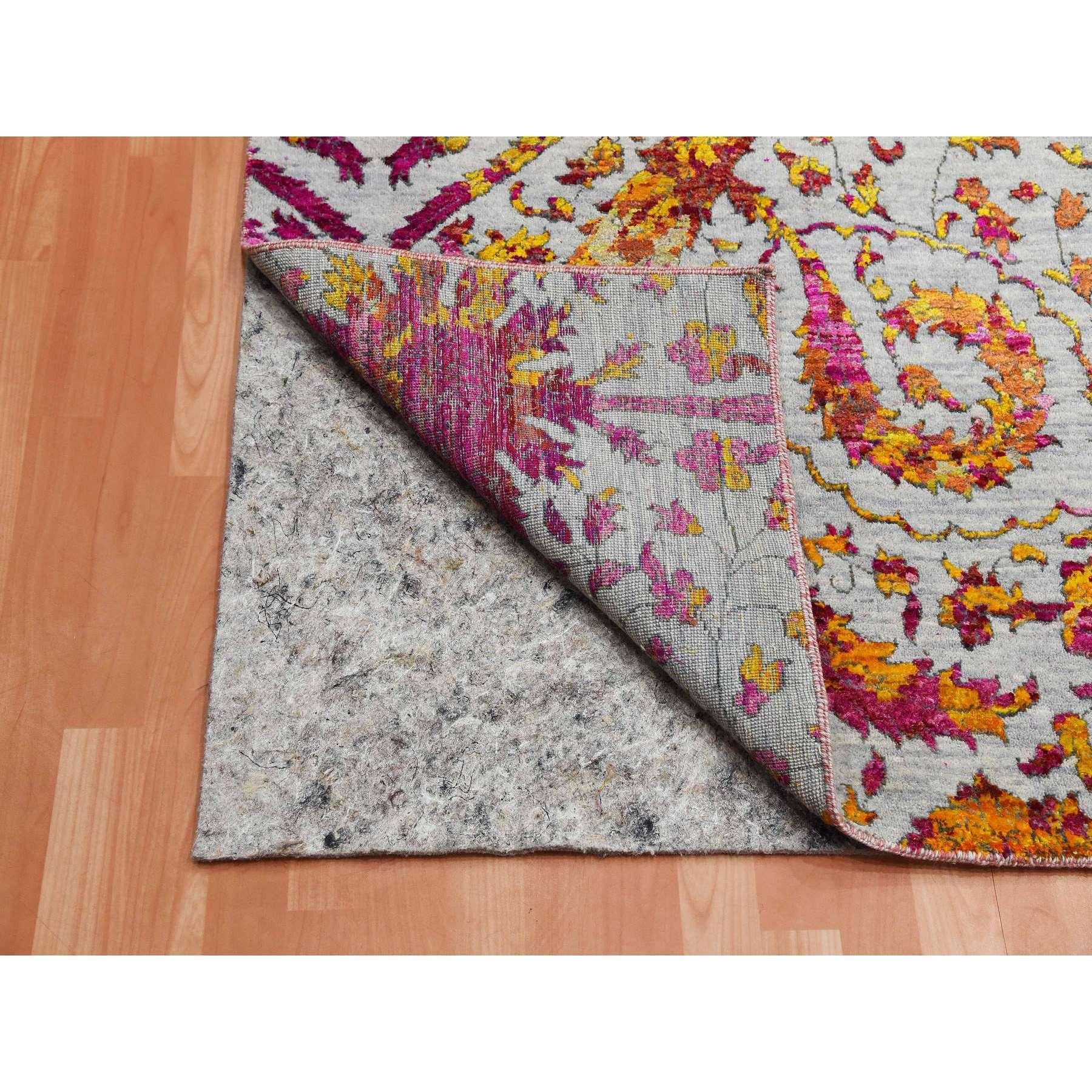 Indian Light Gray Erased Persian Design Sari Silk with Wool Hand Knotted Rug 9' x 12' For Sale