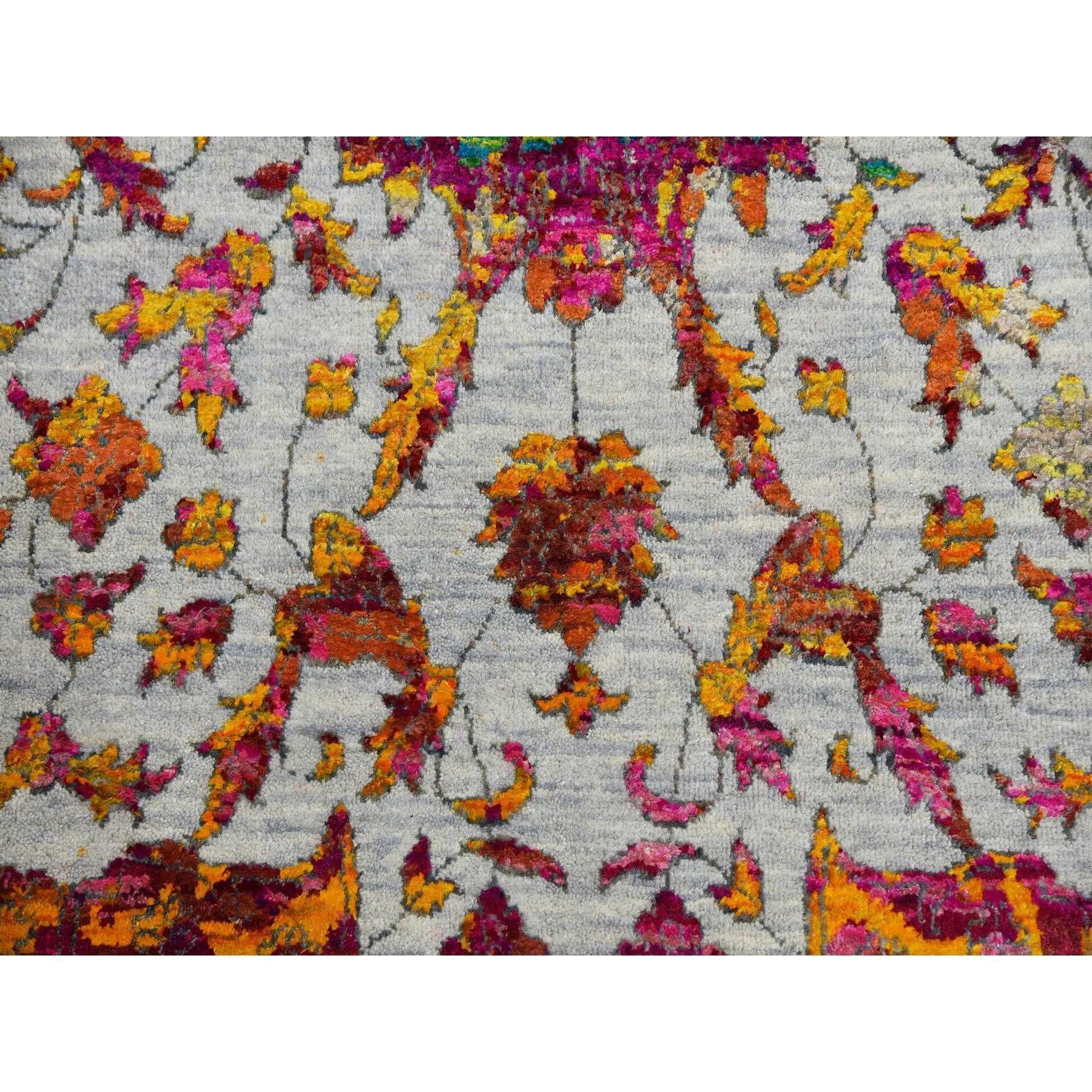 Light Gray Erased Persian Design Sari Silk with Wool Hand Knotted Rug 9' x 12' For Sale 1