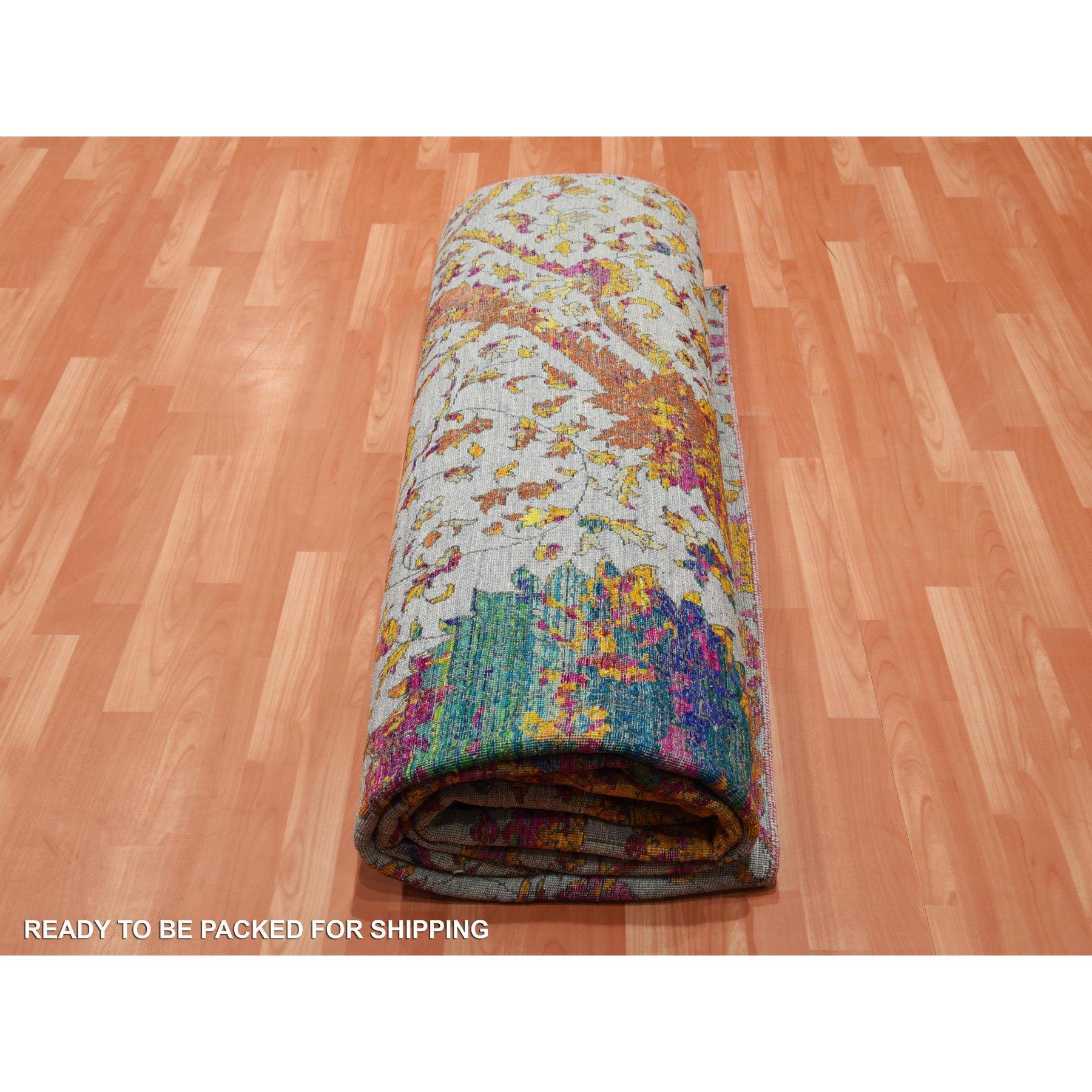 Light Gray Erased Persian Design Sari Silk with Wool Hand Knotted Rug 9' x 12' For Sale 2
