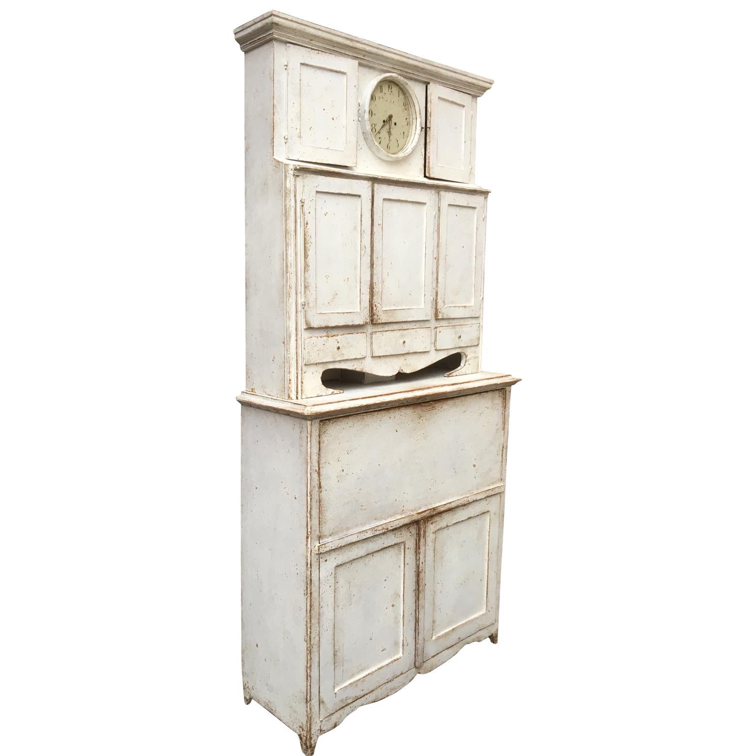 19th Century Light Gray Gustavian Clock Cabinet with Drop-Front Desk, Sweden, circa 1810
