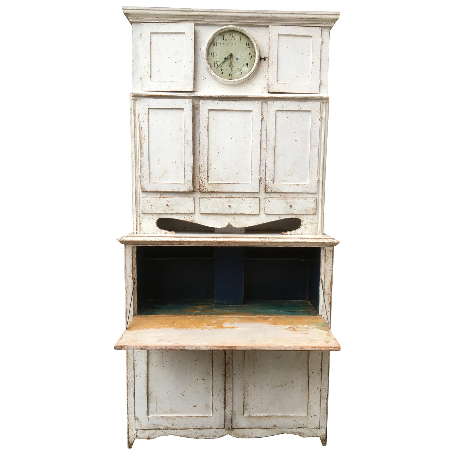Pine Light Gray Gustavian Clock Cabinet with Drop-Front Desk, Sweden, circa 1810
