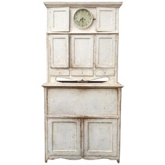 Light Gray Gustavian Clock Cabinet with Drop-Front Desk, Sweden, circa 1810