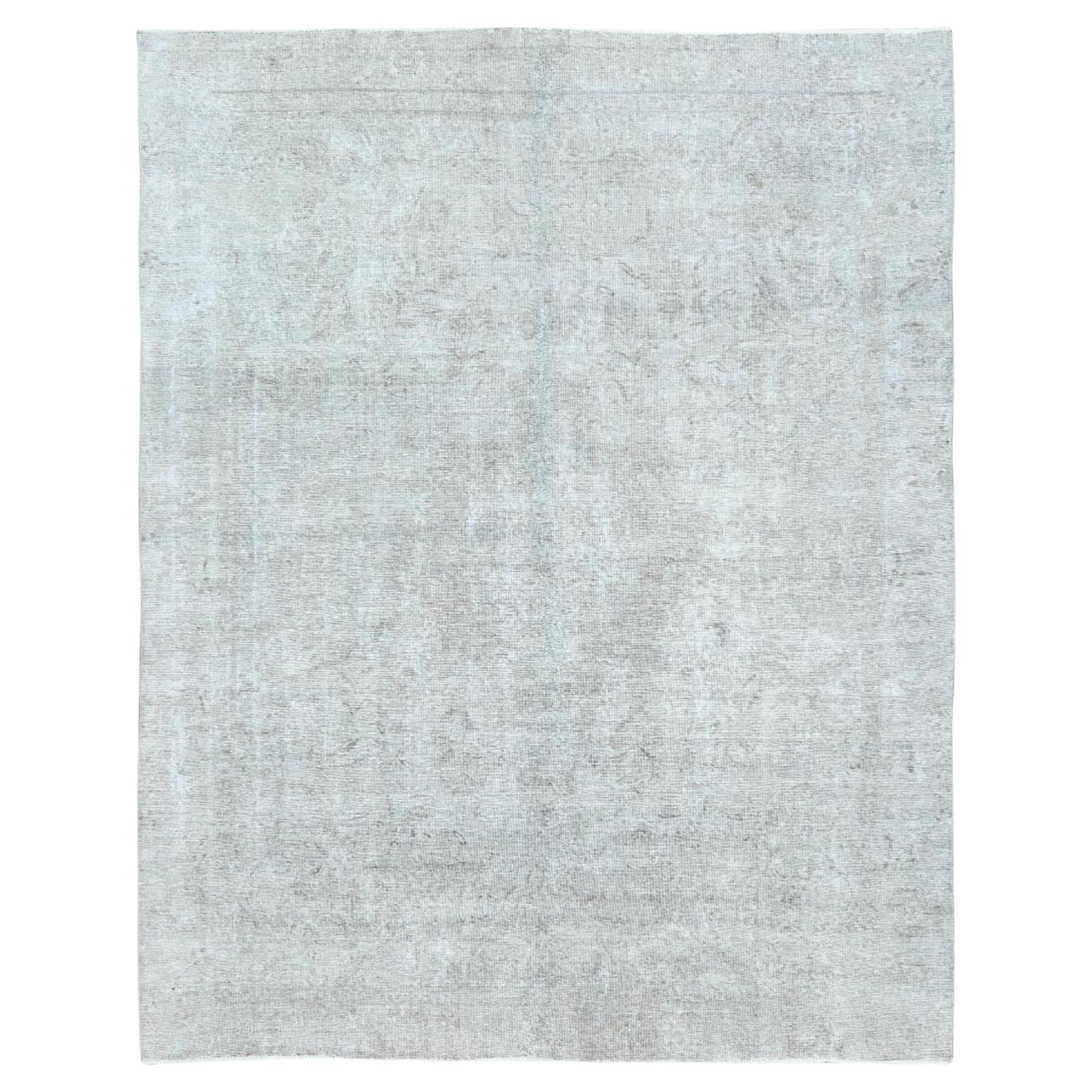 Light Gray Hand Knotted Vintage Persian Tabriz Shaved Down Rustic Look