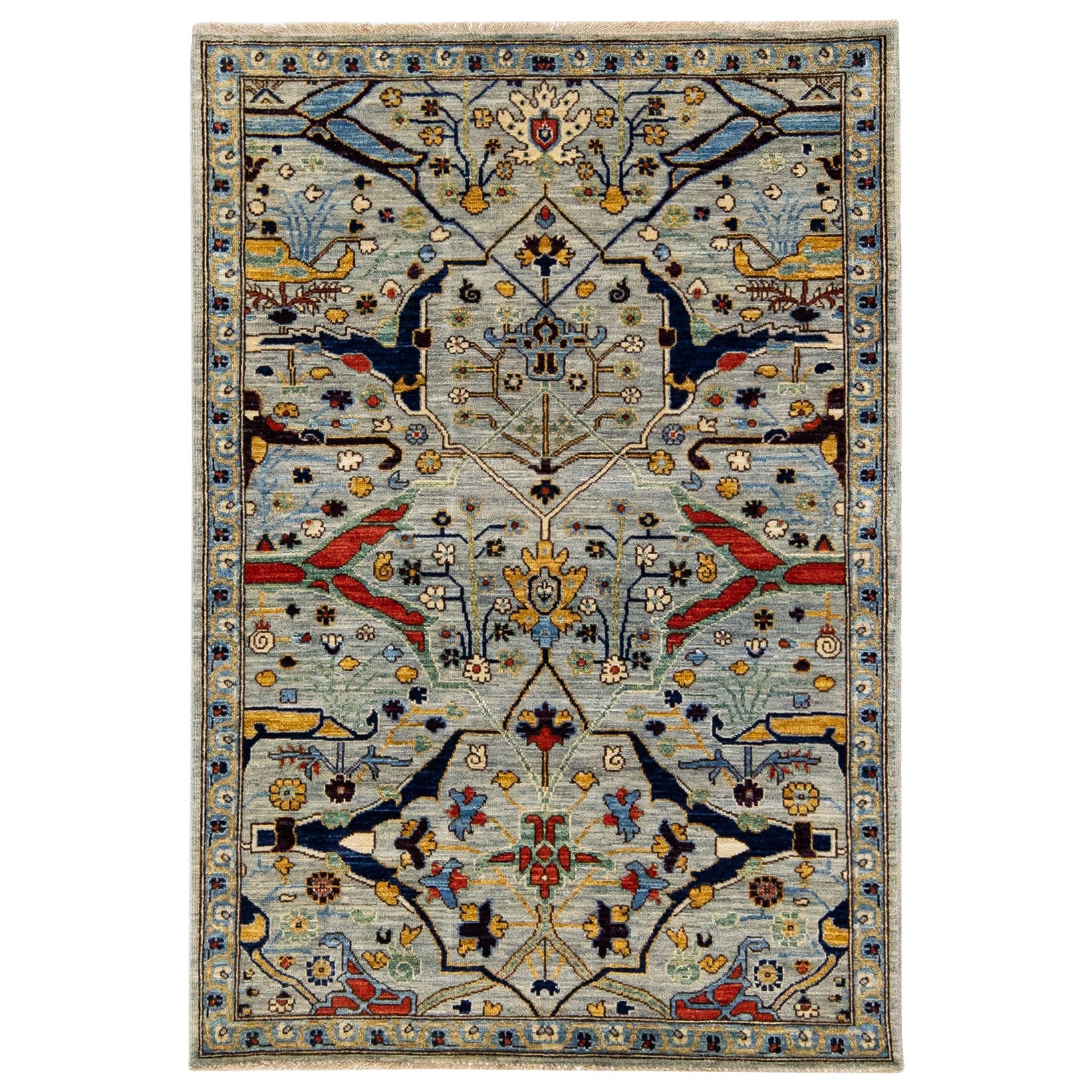 Tapis en laine gris clair de style Bidjar moderne conçu à la main en vente