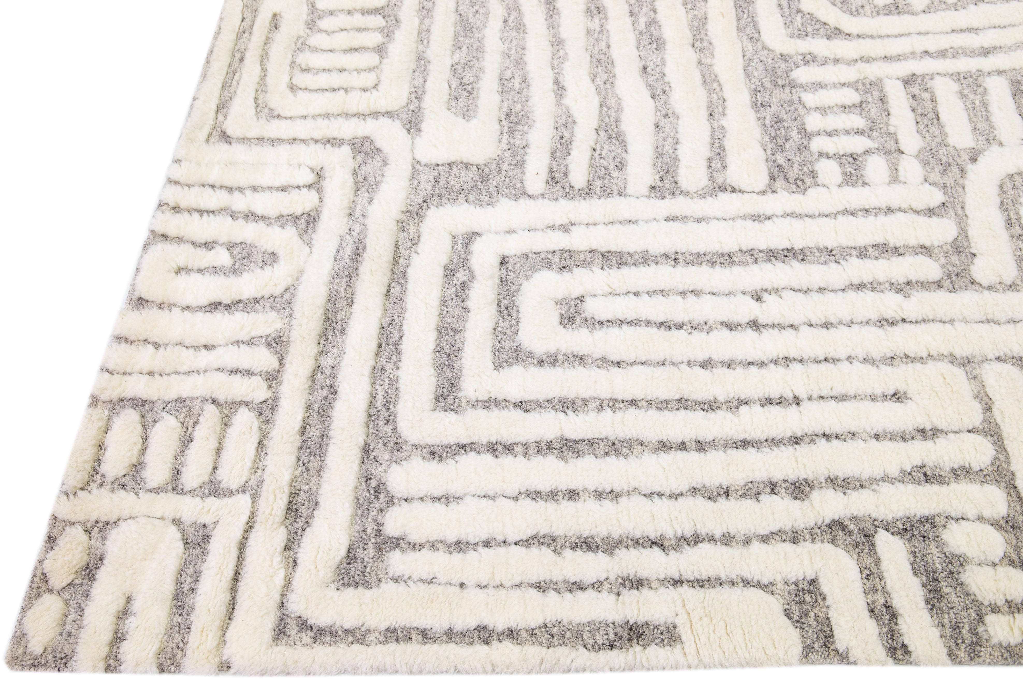 Hand-Knotted Light Grey Modern Moroccan Style Handmade Abstract Designed Wool Rug by Apadana For Sale