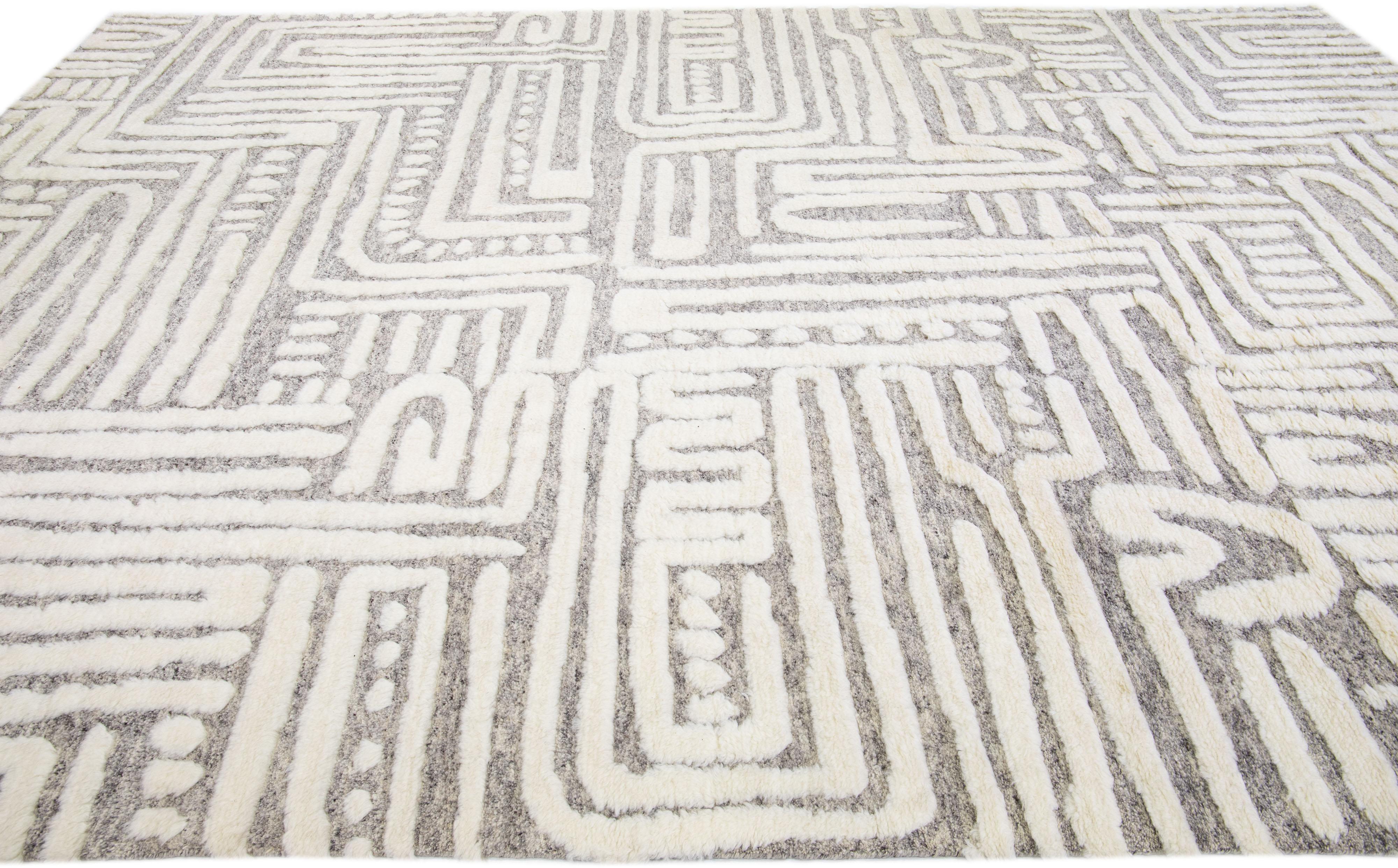 Light Grey Modern Moroccan Style Handmade Abstract Designed Wool Rug by Apadana In New Condition For Sale In Norwalk, CT