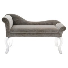 Vintage Light Gray Recamier / Settee in Light Gray Upholstery, Sculptural Lucite Legs