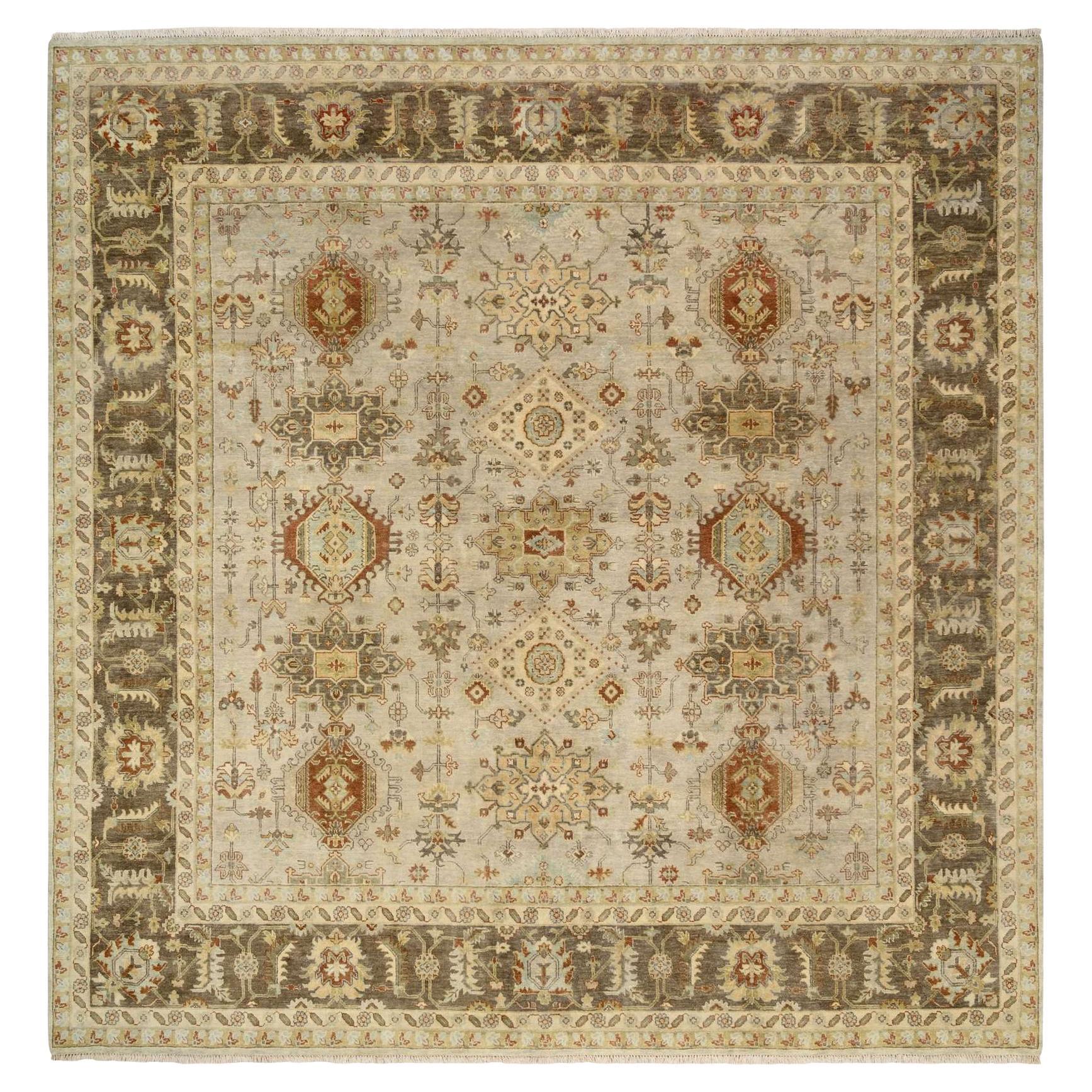 Light Gray Soft Wool Hand Knotted Karajeh Design Square Oriental Rug 10'2" x 10'