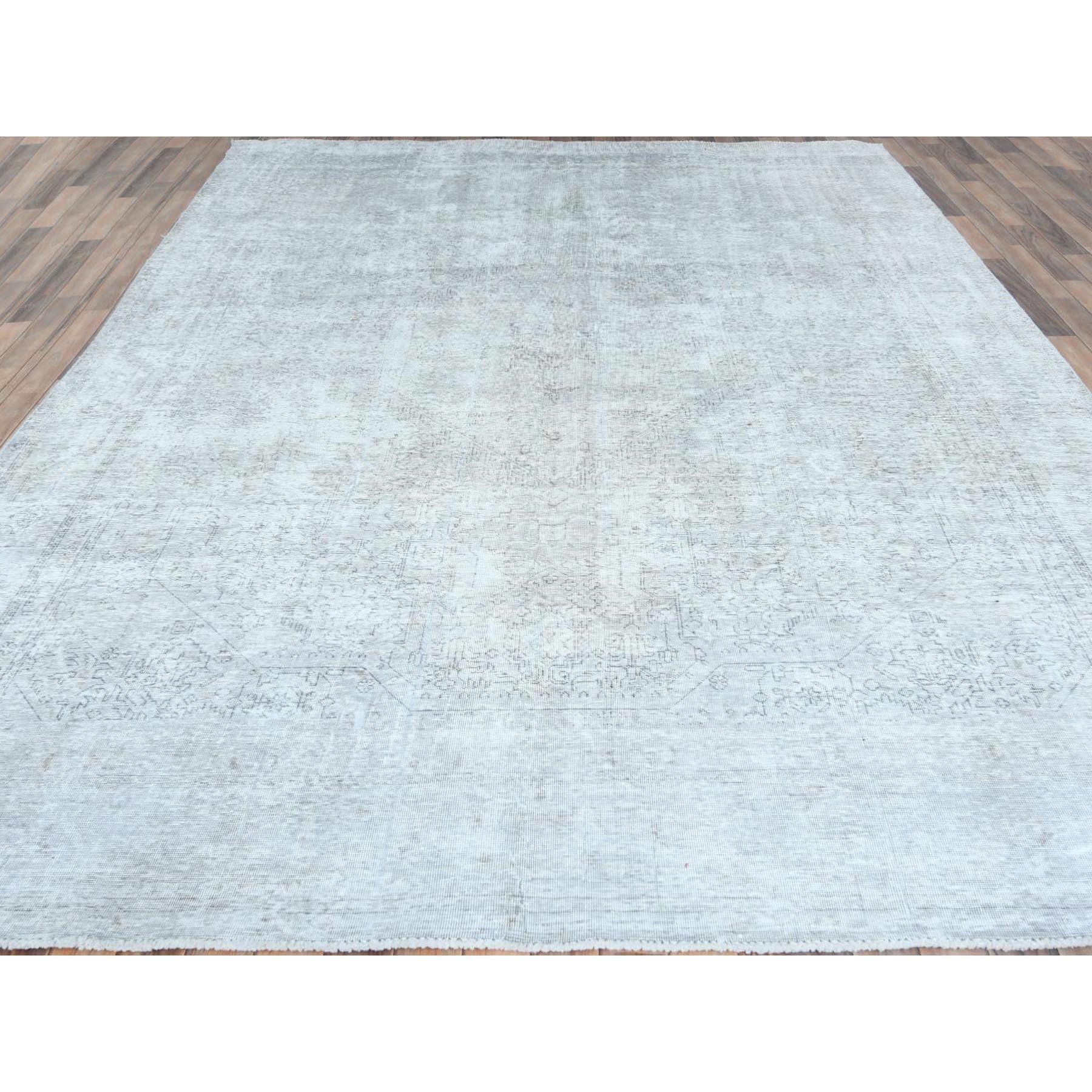 Medieval Light Grey Vintage Persian Tabriz Distressed Feel Worn Wool Hand Knotted Rug For Sale
