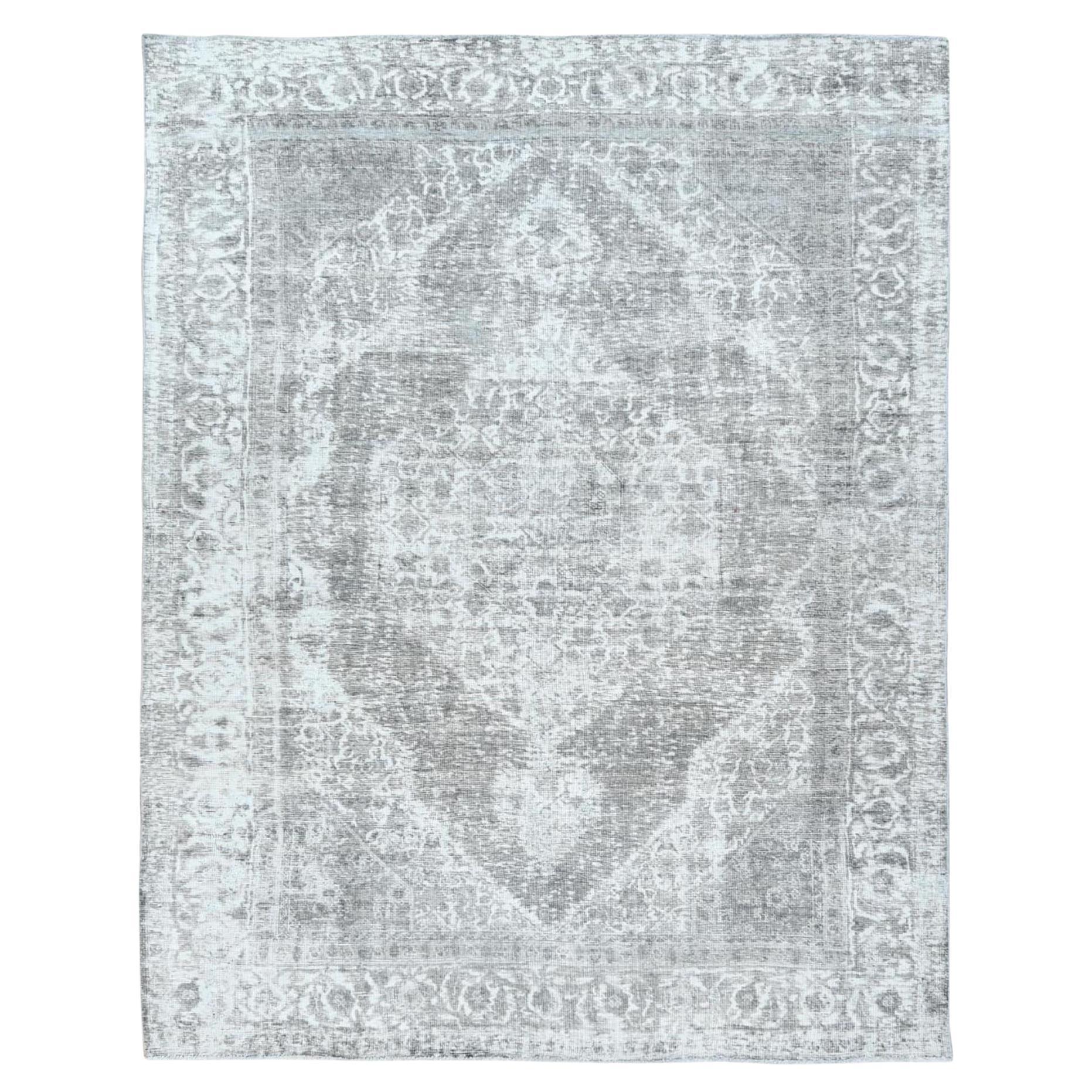 Light Grey Vintage Persian Tabriz Worn Down Rustic Feel Wool Hand Knotted Rug For Sale