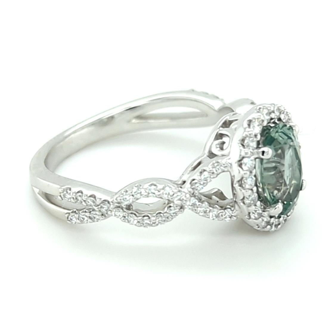 Contemporary Light Grayish Blue-Green Montana Sapphire and Diamond 14 Karat White Gold Ring For Sale