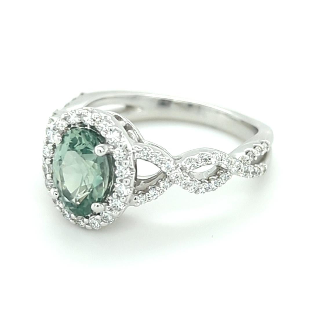 Oval Cut Light Grayish Blue-Green Montana Sapphire and Diamond 14 Karat White Gold Ring For Sale
