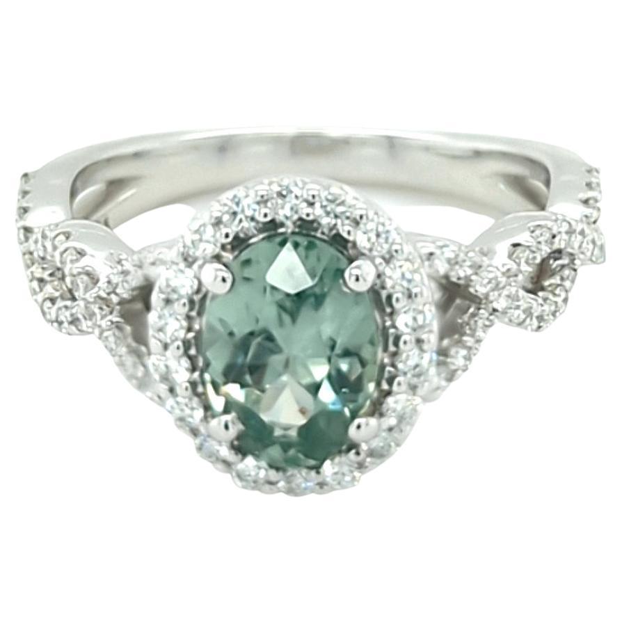 Light Grayish Blue-Green Montana Sapphire and Diamond 14 Karat White Gold Ring For Sale