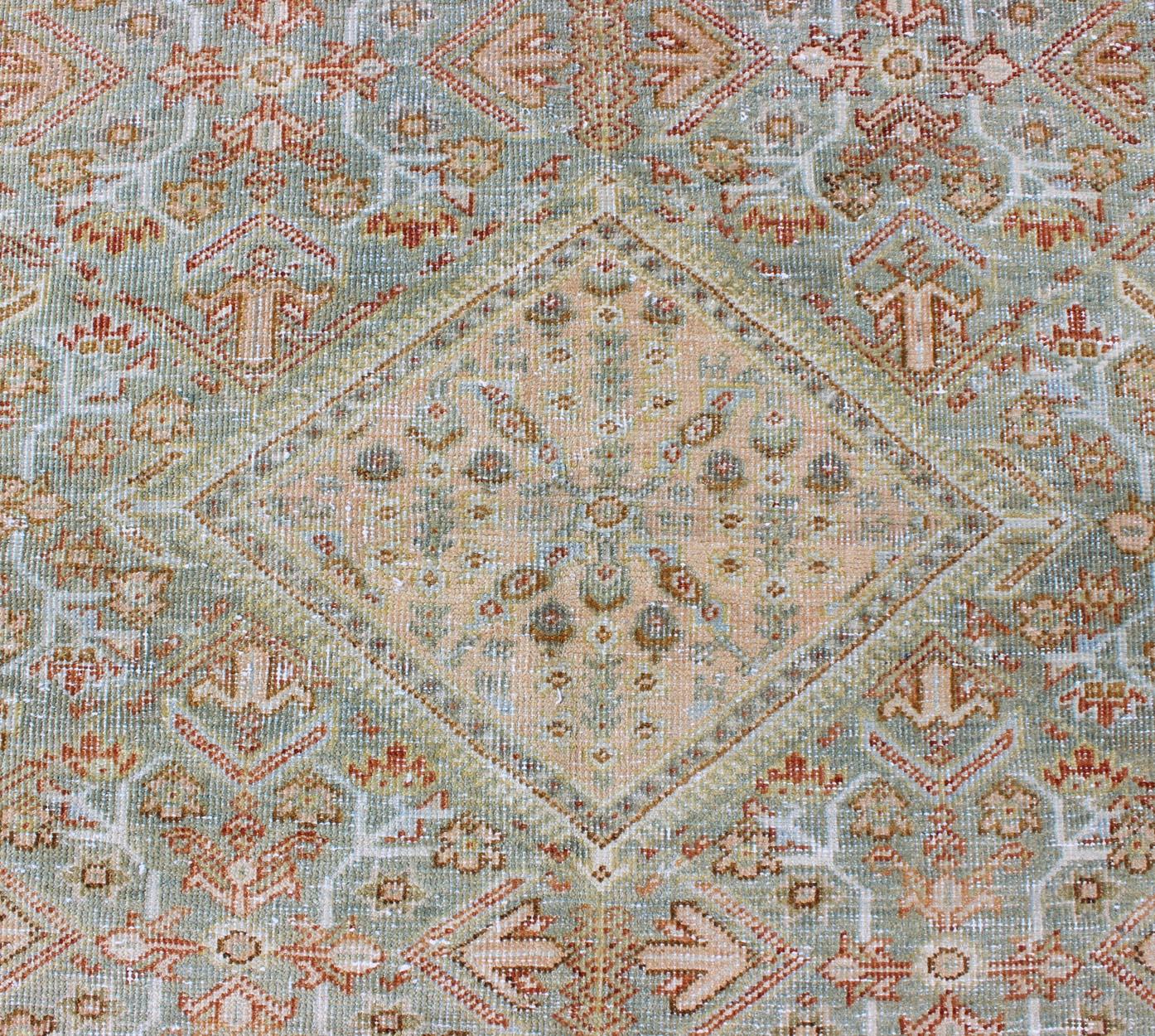 Malayer Light Green and Red Antique Persian Mahal Rug with Peach Medallion Design For Sale