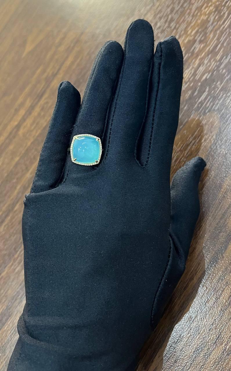 Women's Light Green Cushion Shape Amazonite Diamond 14K Yellow Gold Cocktail Ring For Sale