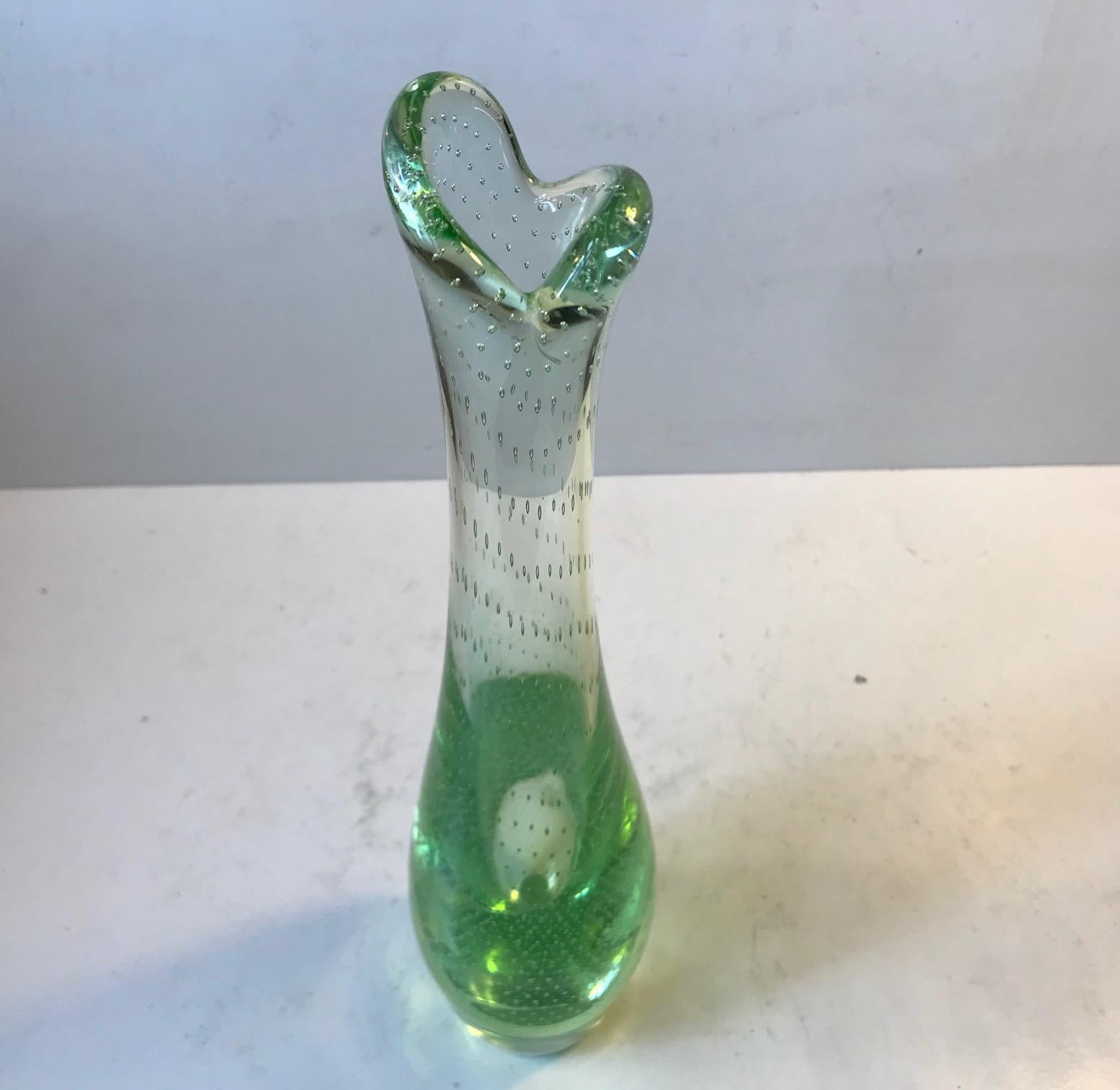 Danish Light Green Duckling Glass Vase with Air Bubbles by Per Lütken, Holmegaard 1950s For Sale