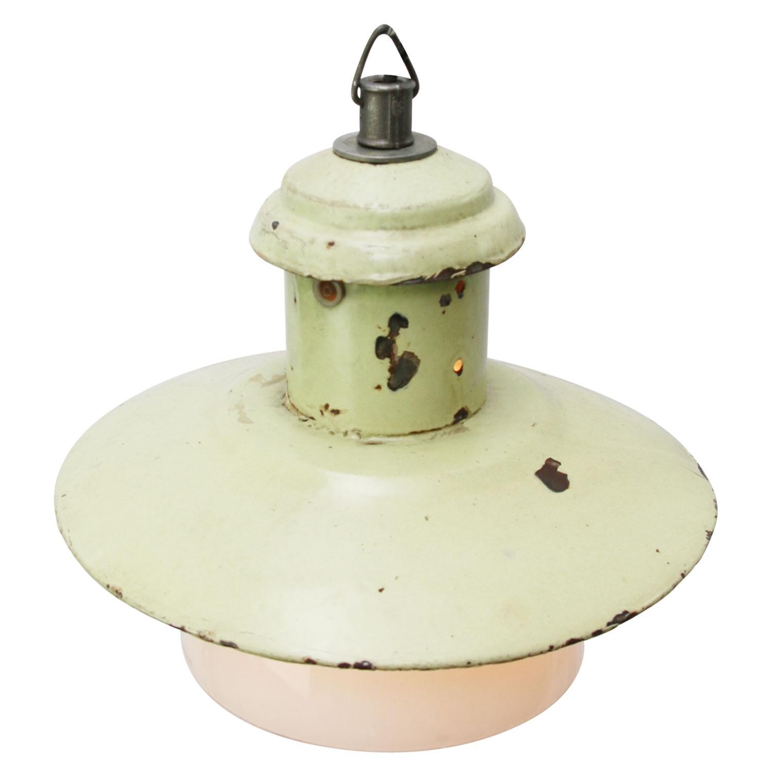 Light Green enamel factory pendant.
White inside. White opaline glass

Measure: Diameter glass 21 cm

Weight: 2.20 kg / 4.9 lb

Priced per individual item. All lamps have been made suitable by international standards for incandescent light
