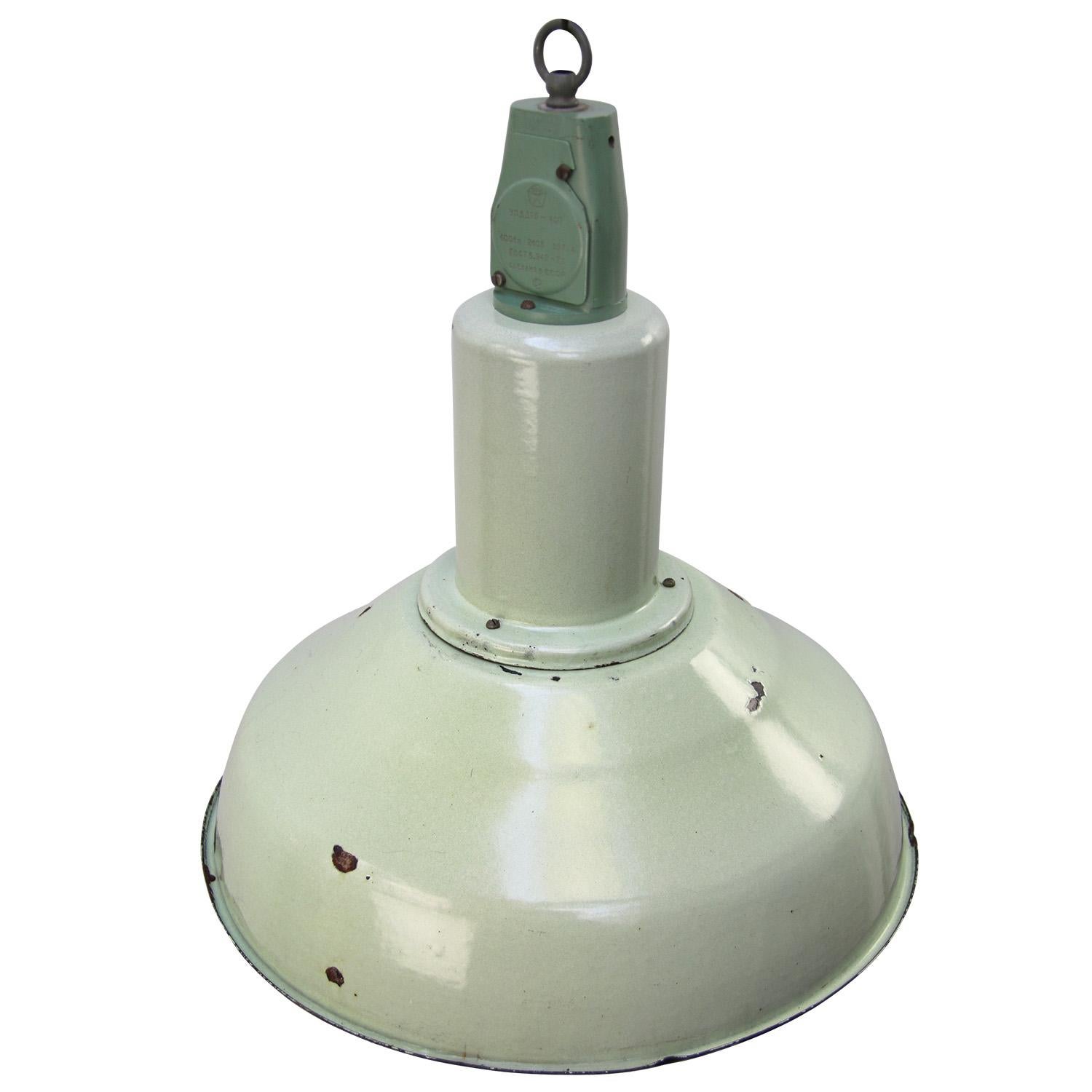 Enamel Industrial pendant
Light green enamel shade, white inside.
Green top.

Weight: 2.70 kg / 6 lb

Priced per individual item. All lamps have been made suitable by international standards for incandescent light bulbs, energy-efficient and