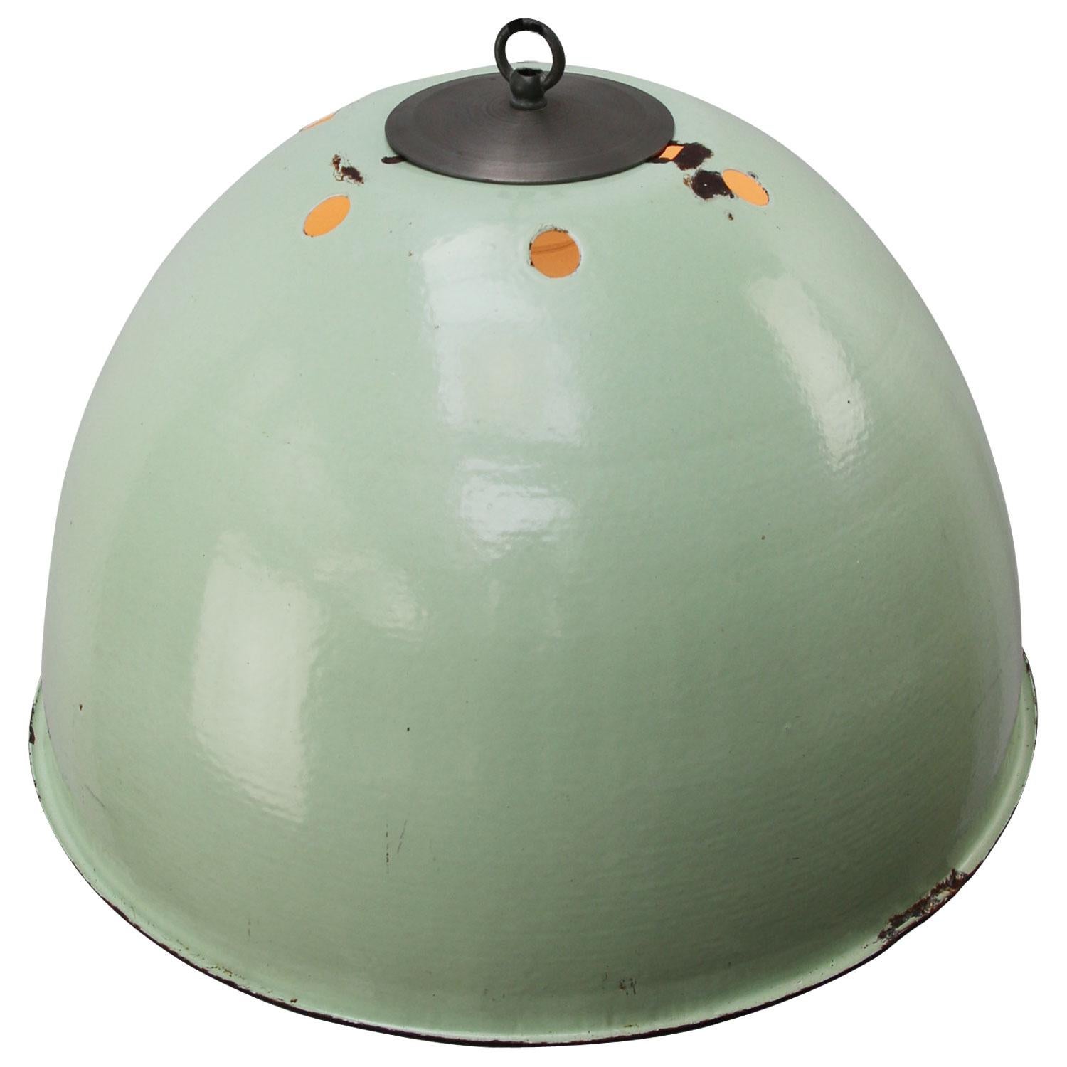 Enamel industrial pendant lamps
Light green enamel shade, white inside.
Metal top.

Weight: 3.60 kg / 7.9 lb

Priced per individual item. All lamps have been made suitable by international standards for incandescent light bulbs,