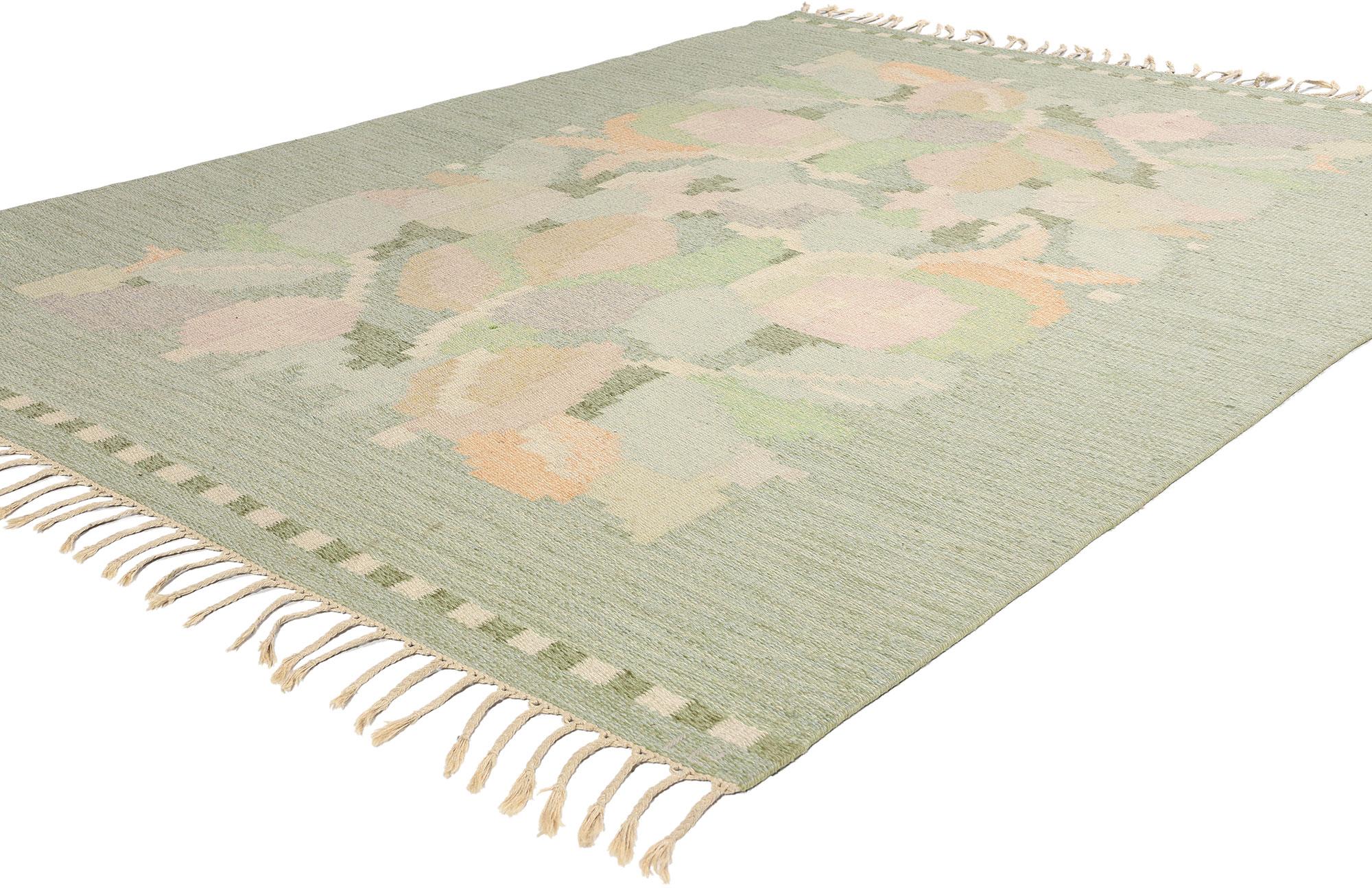 78836 Tappeto Ingegerd Silow Vintage Swedish Rollakan, 05'06 x 07'09. Ingegerd Silow (1916-2005) è stata una rinomata artista tessile svedese famosa per i suoi tappeti rollakan, che utilizzano una tecnica di tessitura tradizionale svedese per creare