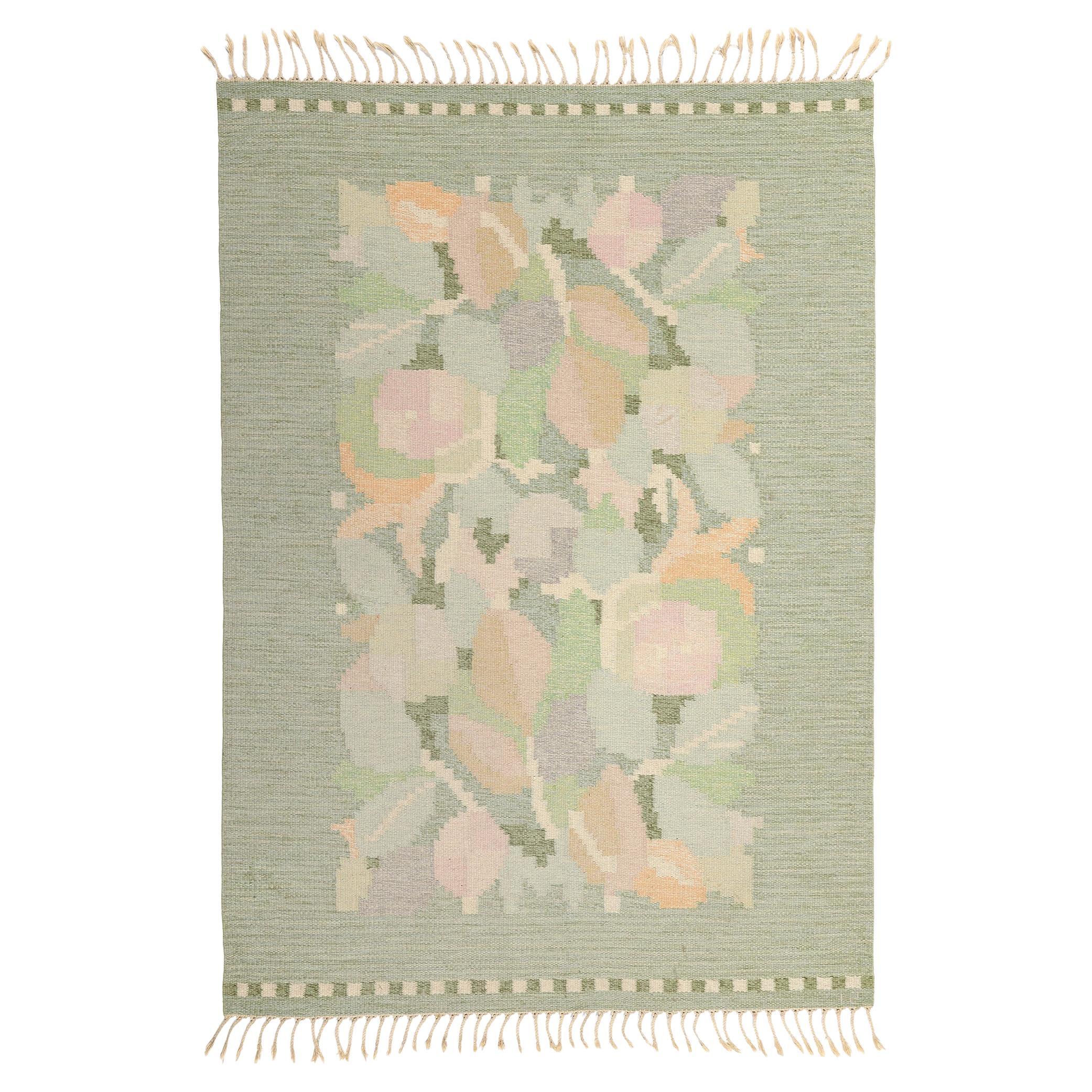 Firmato Ingegerd Silow Vintage Scandinavian Green Swedish Röllakan, 5'06 x 7'09