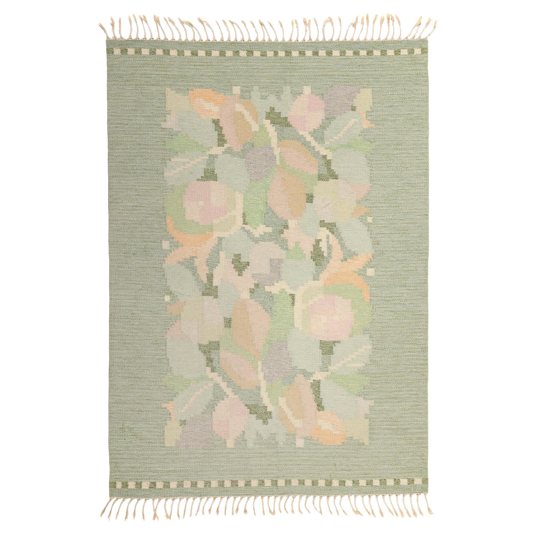 Light Green Ingegerd Silow Vintage Floral Swedish Rollakan Rug