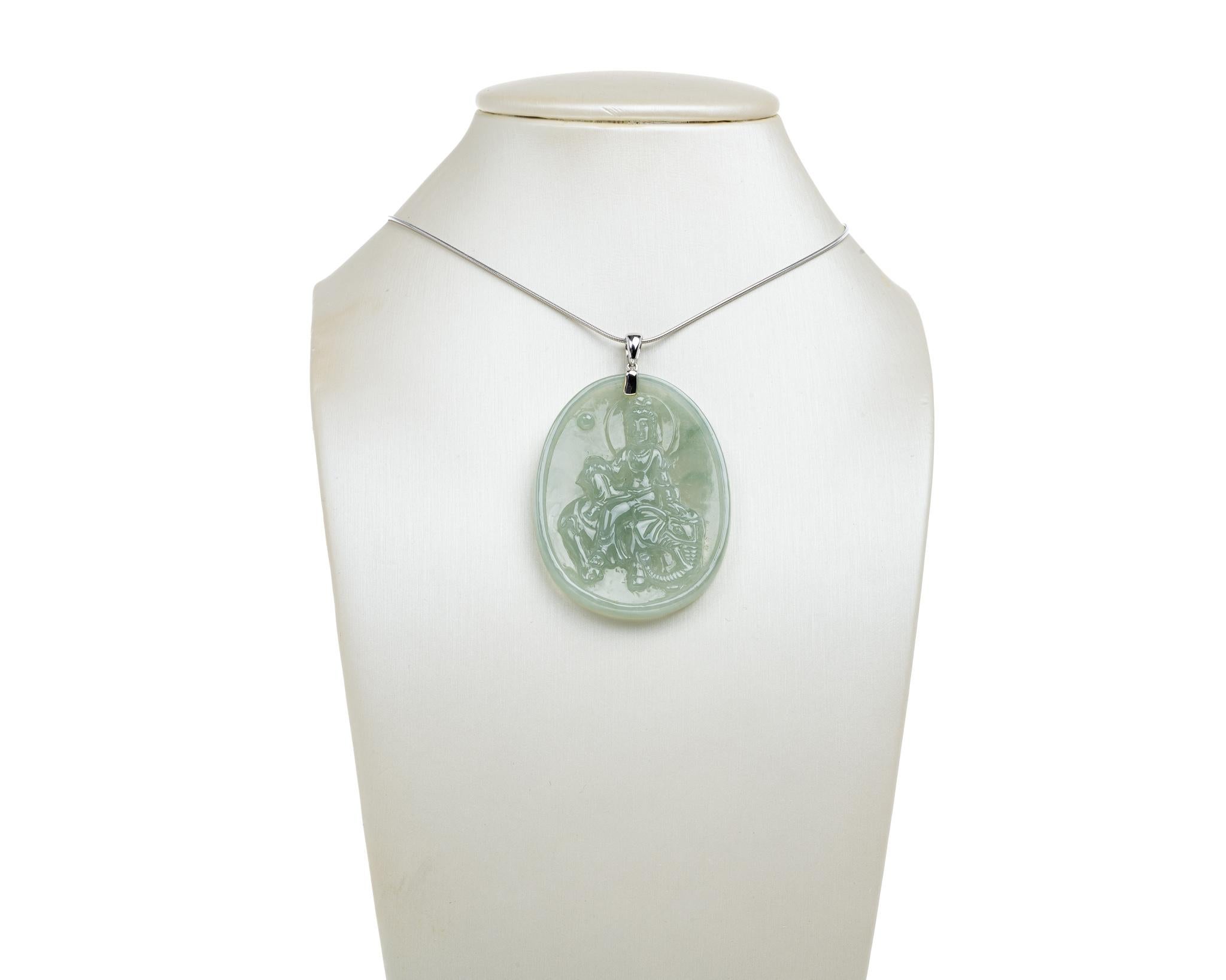 Contemporary Light Green Jadeite Jade Quan Yin Pendant, Certified Untreated For Sale