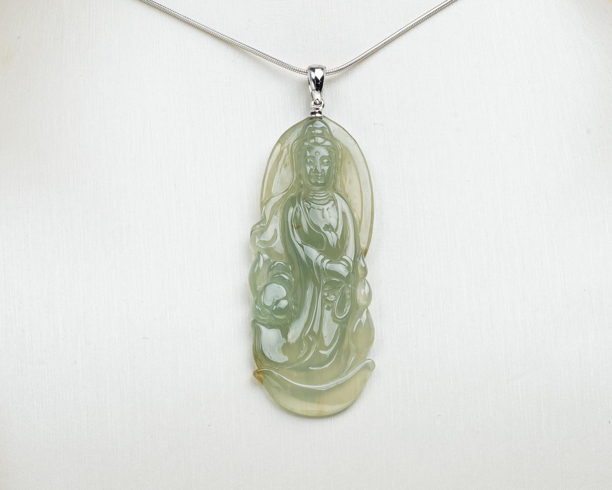 Rough Cut Light Green Jadeite Jade Quan Yin Pendant, Certified Untreated For Sale